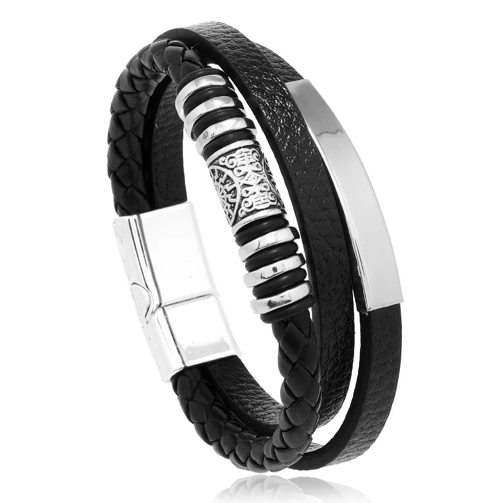 Men's Stainless Steel Leather Bracelet — Braided