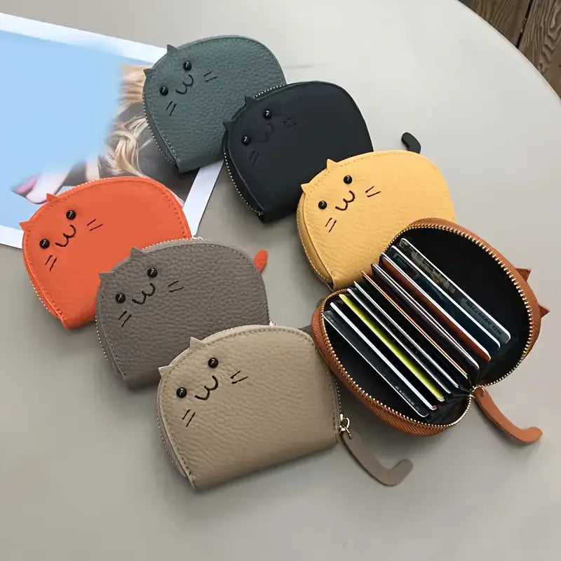 Cartoon Cat Coin Purse & Card Holder – PU Leather, Zipper Closure | 7 Colors