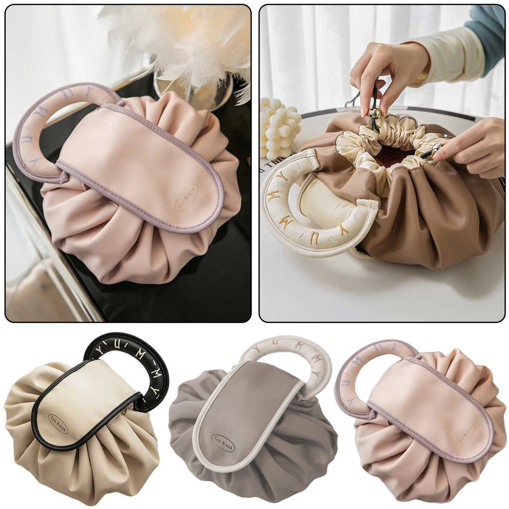 Drawstring Makeup Bag – Large Capacity PU Barrel Cosmetic & Travel Toiletry Pouch