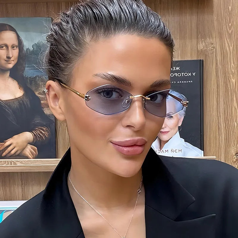 Women's Polygon Rimless Sunglasses – Gold Metal Frame, UV400 | Vintage Rhombus Style