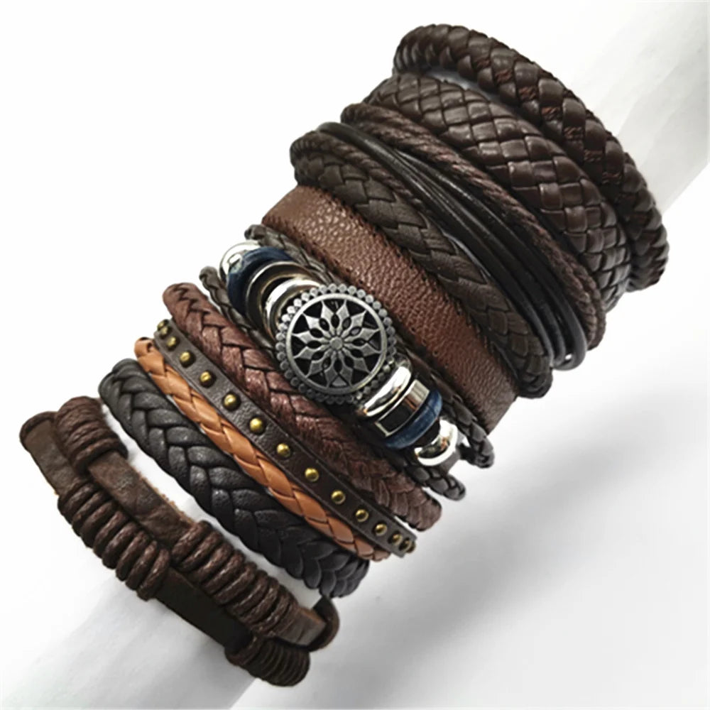 10-Piece Leather Wrap Bracelet Set — Handmade Woven
