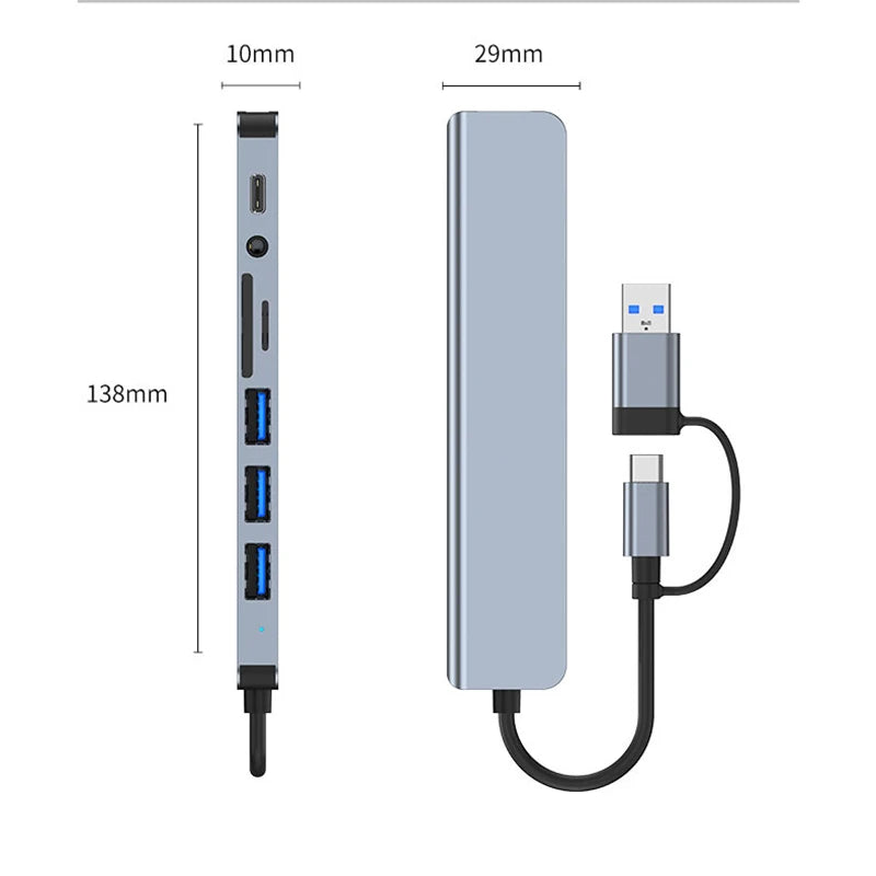 8-in-2 USB + USB-C Hub – SD Card Reader, 3.5mm Audio, USB 3.0 Docking Station