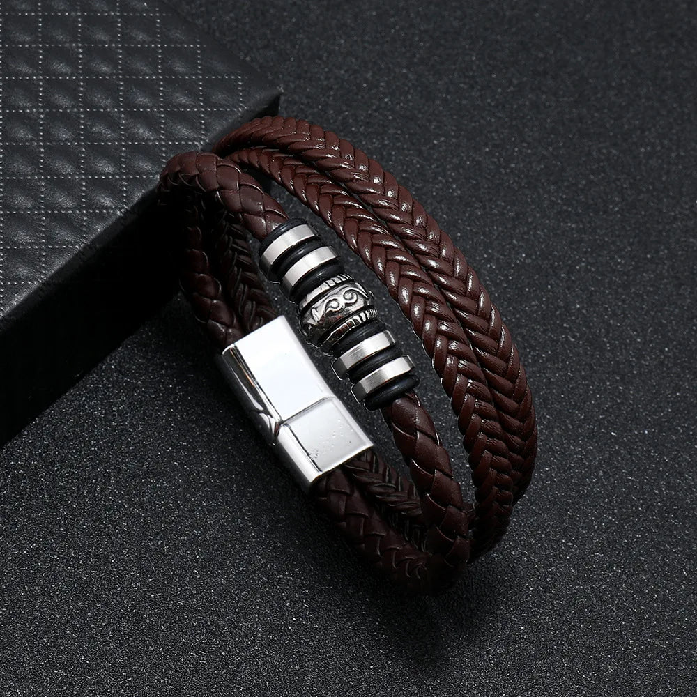 Men's Stainless Steel Leather Bracelet — Braided