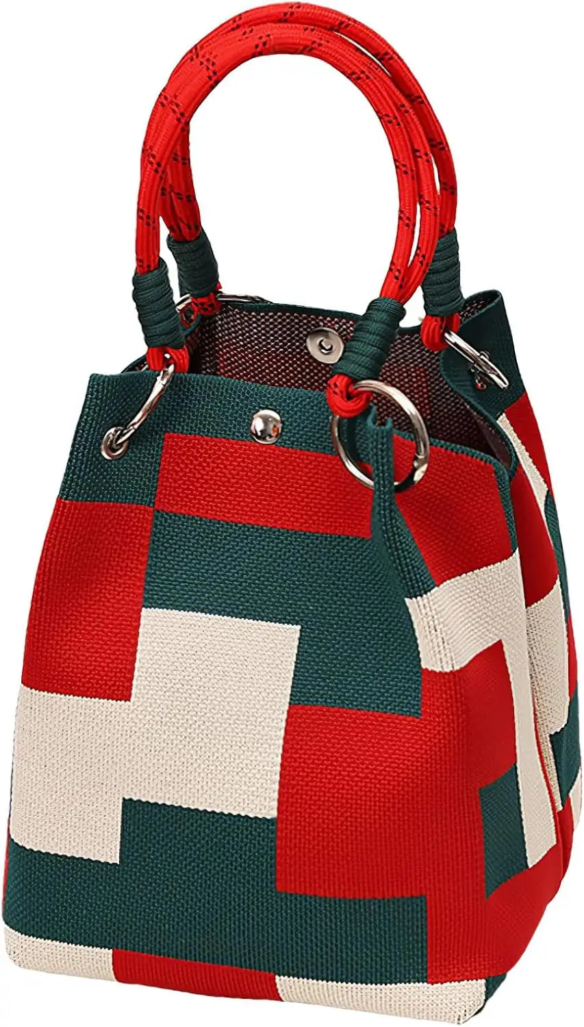 Women's Mini Knitted Bucket Bag – Boho Colorblock Wristlet Purse