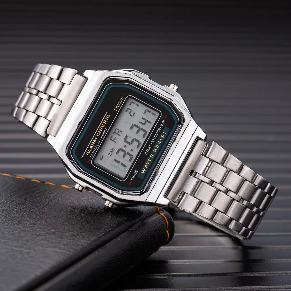Men's LED Digital Watch – Stainless Steel Bracelet, Rectangle Dial, Rose Gold / Gold / Silver / Black