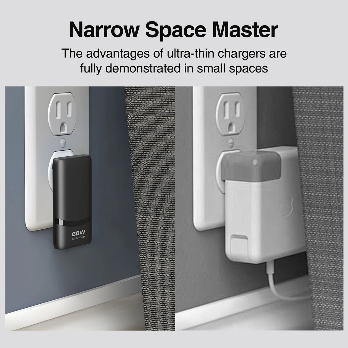 65W GaN Dual USB-C Wall Charger – Flat, Foldable Plug, Fast Charging, White/Black