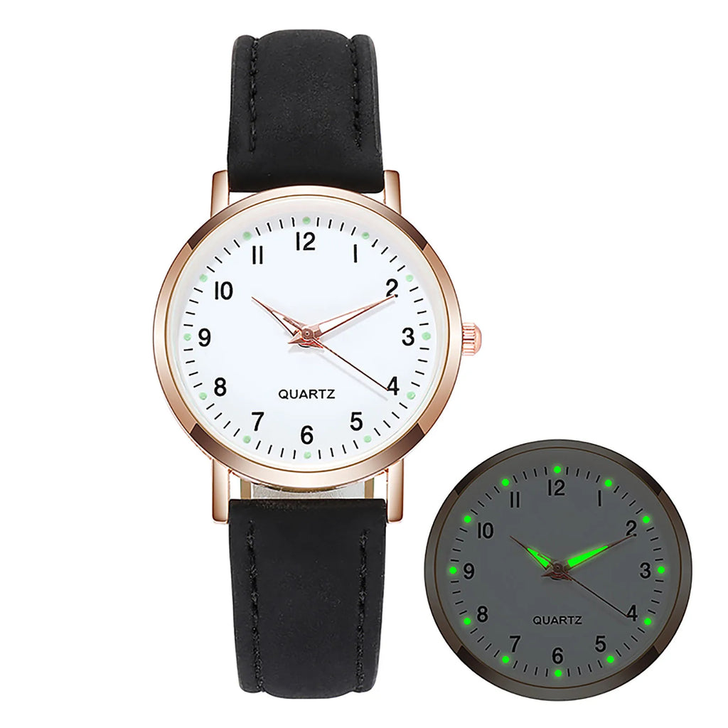 Women's Diamond-Studded Luminous Quartz Watch – Leather Band, Round Dial | 9 Colors