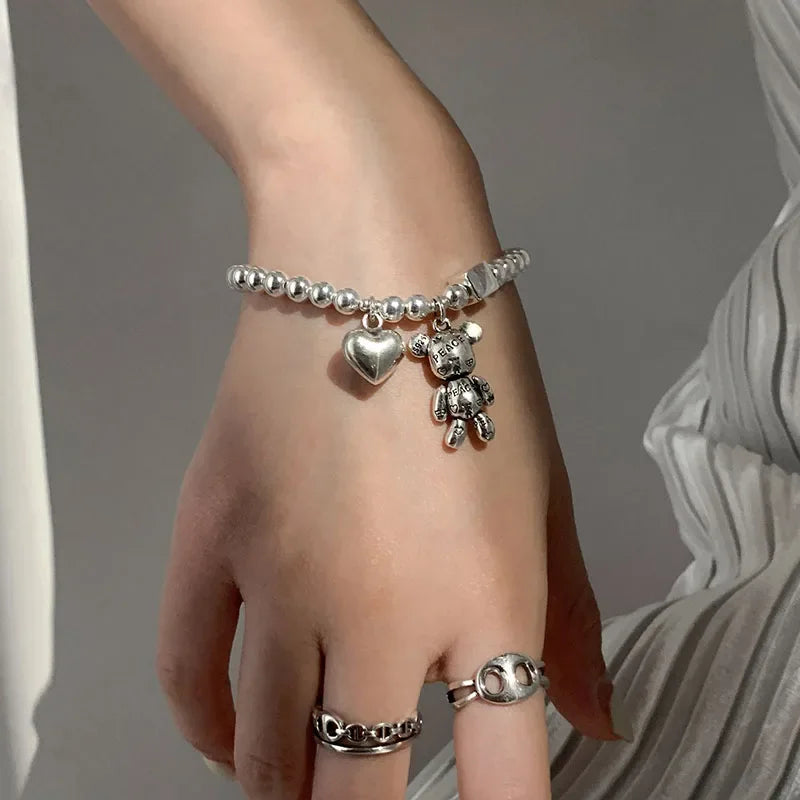 925 Sterling Silver Bear Pendant Bracelet – Zircon Beaded Cuff | Vintage Cute Party Jewelry for Women