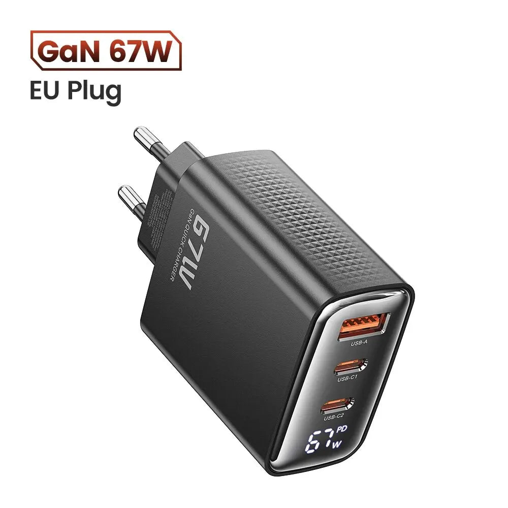 67W GaN USB-C Charger – 3 Ports, Digital Display, Fast Charge for Laptop & Phone
