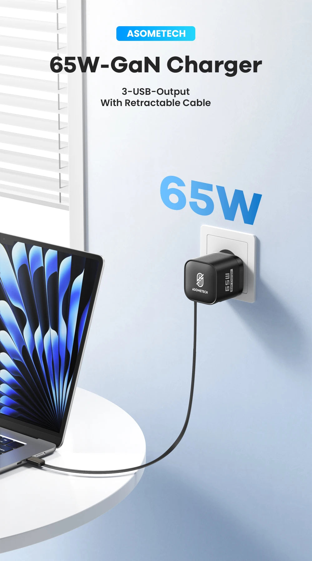 65W GaN Charger with Built-in Retractable USB-C Cable – 3 Ports, QC4.0 & PD3.0, US/EU/Korea Plug