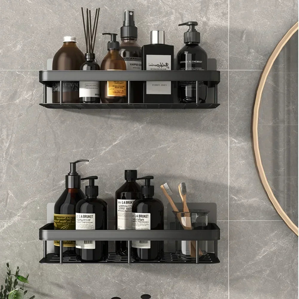 Aluminum Alloy No-Drill Shower Shelf – Wall-Mounted Bathroom & Kitchen Storage Rack