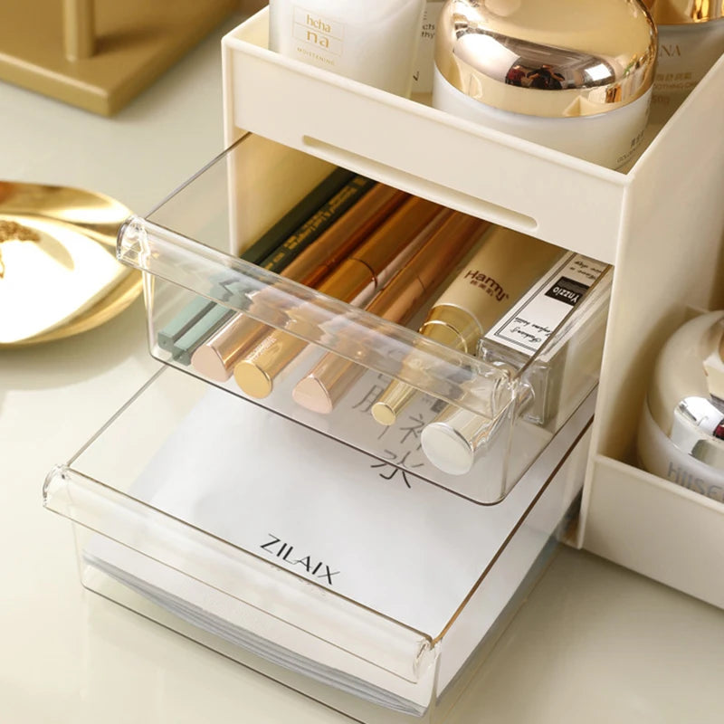Desktop Cosmetic Organizer with Drawer – Beige Makeup Storage Box & Display Case