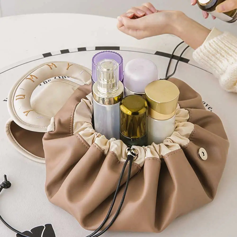 Drawstring Makeup Bag – Large Capacity PU Barrel Cosmetic & Travel Toiletry Pouch