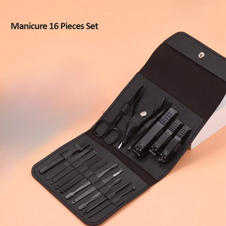 Kit Manucure Premium 16 Pièces – Acier Inoxydable, Pédicure & Étui Voyage
