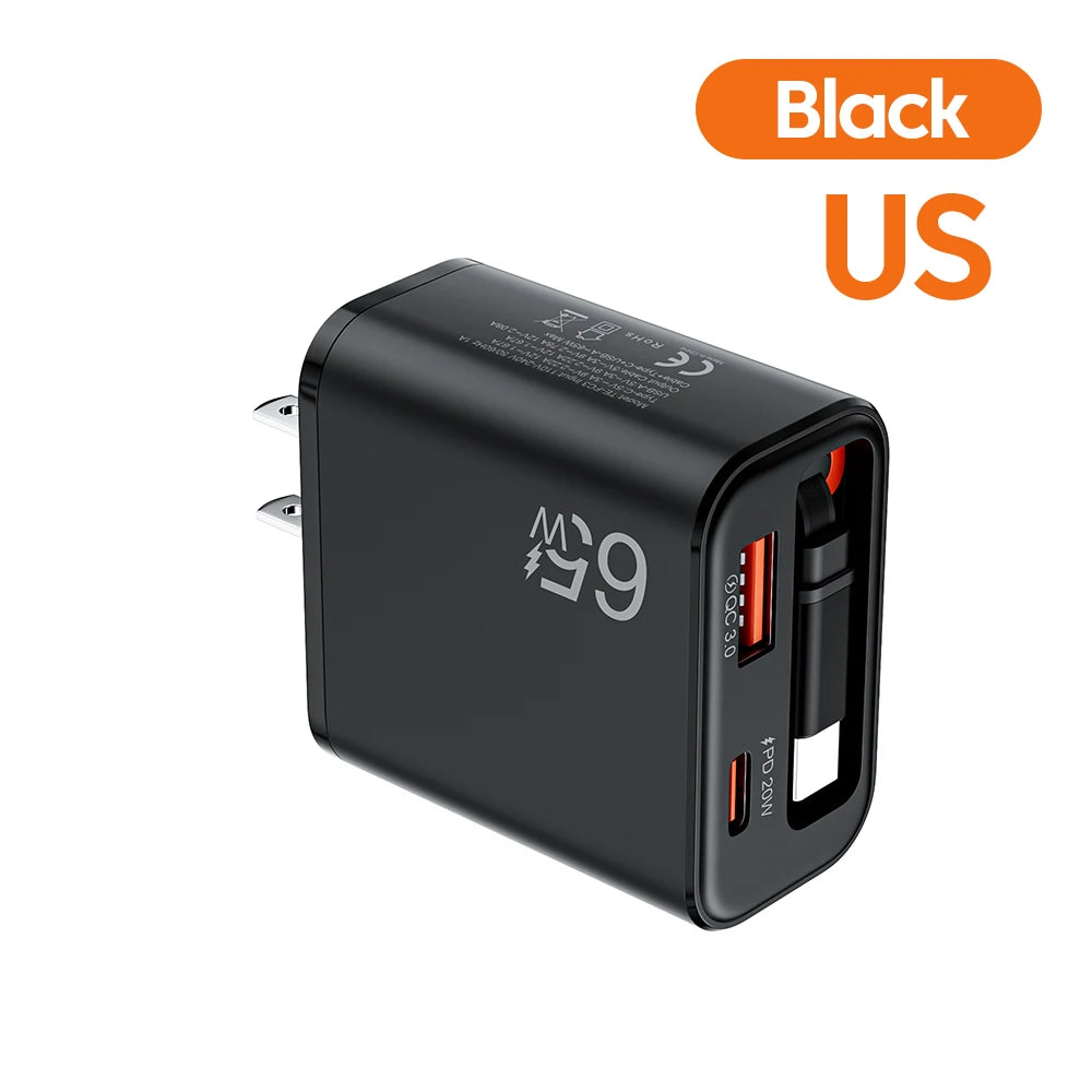 65W Wall Charger with Retractable USB-C Cable – PD & QC3.0 Fast Charging for iPhone, Samsung & Xiaomi