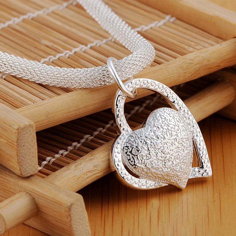 Double Heart Pendant Necklace – 925 Sterling Silver, Rose Gold Plated, 45cm
