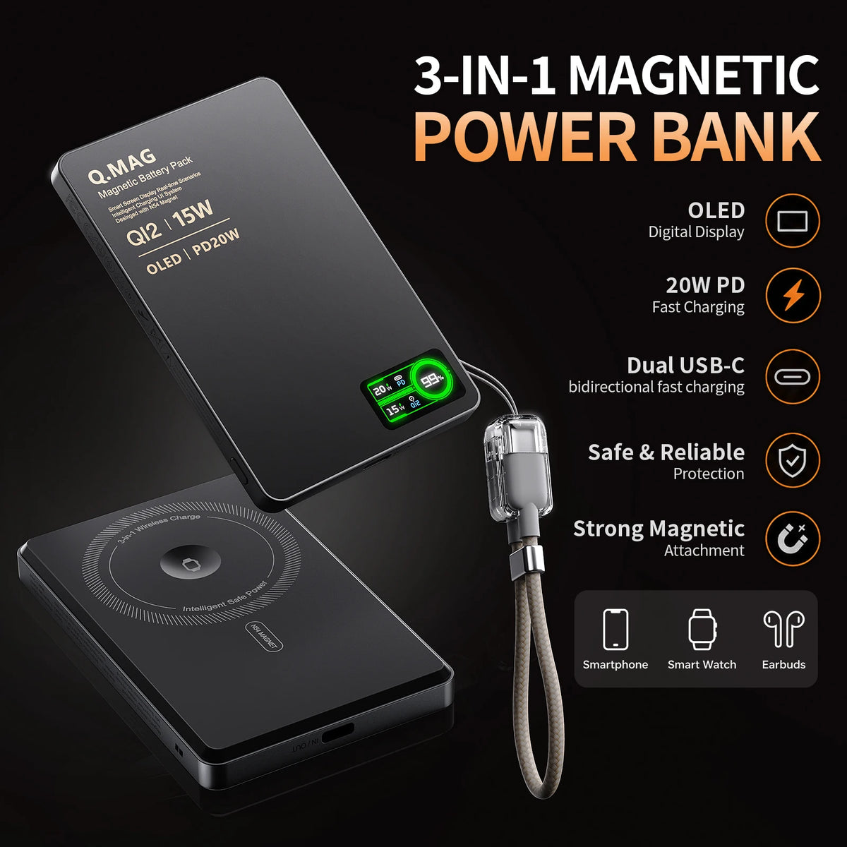 3-in-1 Magnetic Power Bank – Qi2.1, 15W Wireless, LCD Screen, 5000/10000mAh, for iPhone & Apple Watch