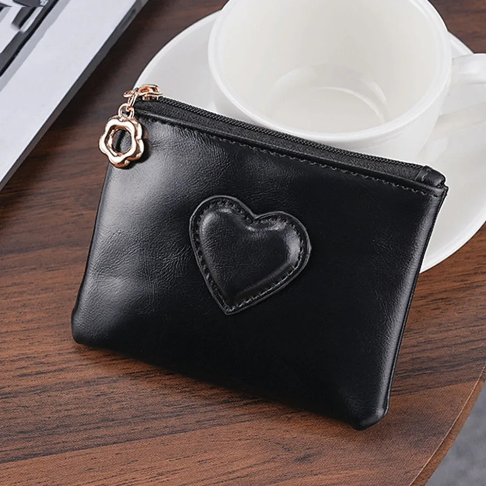Women's Heart Detail PU Leather Card Holder – Chain Keychain | Dark Brown, Black, Brown, Red