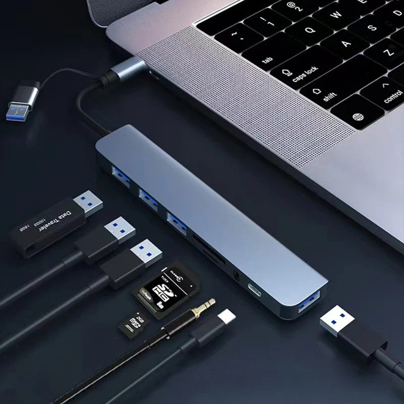 8-in-2 USB + USB-C Hub – SD Card Reader, 3.5mm Audio, USB 3.0 Docking Station