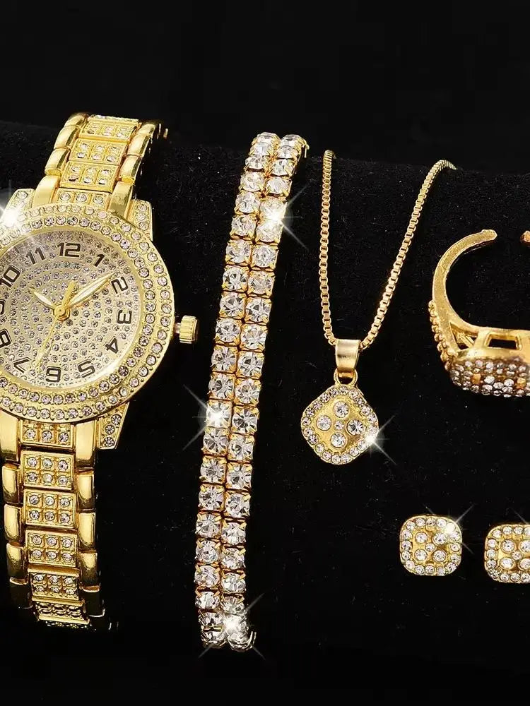 Women's Gold Diamond Watch & Jewelry Set – 5-Piece Gift Set | Watch, Bracelet, Necklace, Ring & Earrings