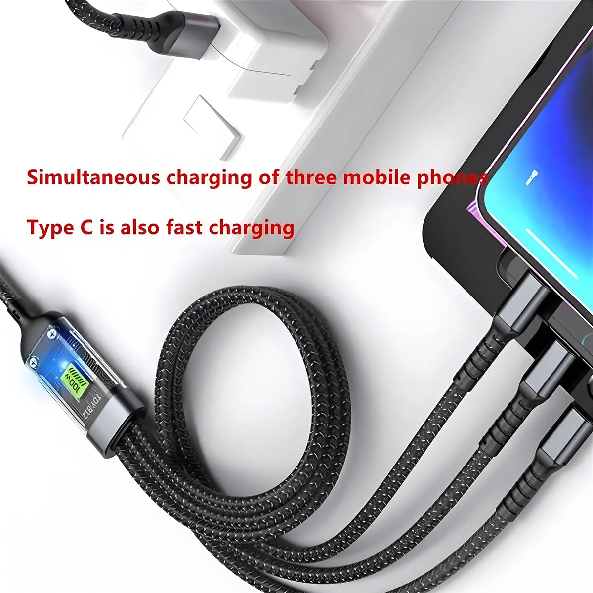 100W 3-in-1 Fast Charging Cable – USB-A to USB-C, Lightning & Micro USB – Braided Nylon, 1.2m