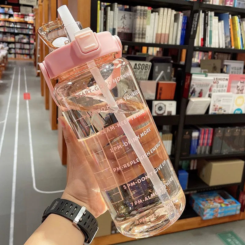 2L Water Bottle with Straw & Time Marker – Large Capacity Motivational Fitness Bottle for Sports & Outdoor (5 Colors)