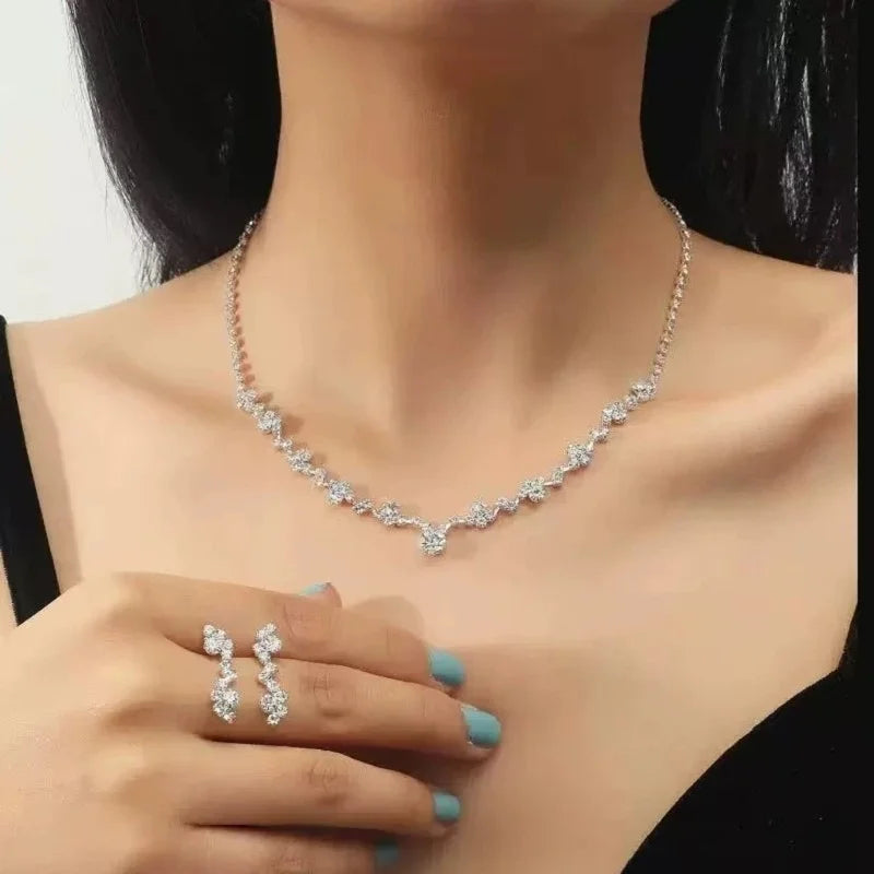 Rhinestone Necklace & Earrings Set – Geometric Zinc Alloy | Women's Bridal & Wedding Jewelry