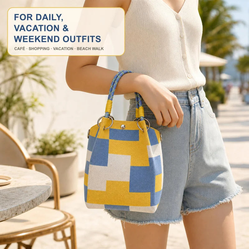 Women's Mini Knitted Bucket Bag – Boho Colorblock Wristlet Purse