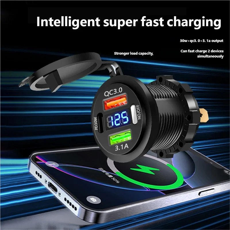 Car USB Charger Socket – PD3.0 & QC3.0, 3/4 Ports, Voltmeter, On/Off Switch, 12/24V