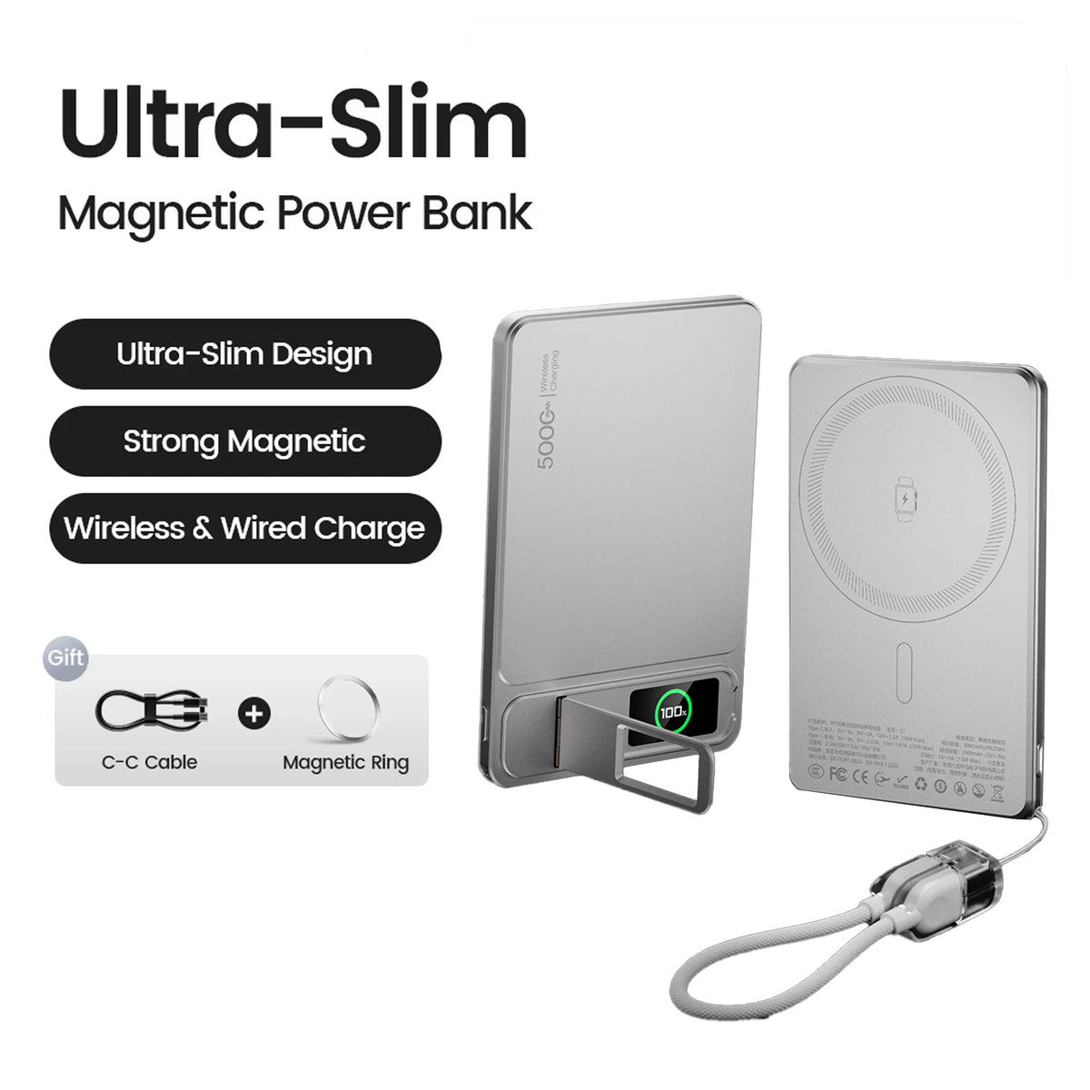 Magnetic Wireless Power Bank – MagSafe, 15W, 5000/10000mAh, PD 20W, Metal, for iPhone & Apple Watch