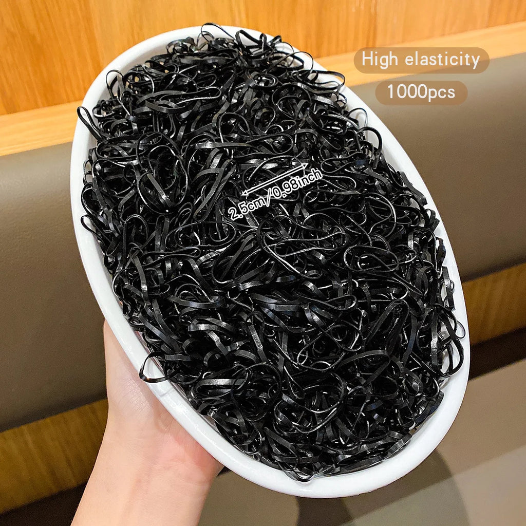 Black Hair Elastic Bands – 1000 Pieces, Durable Rubber Hair Ties for Women & Girls, Daily Use