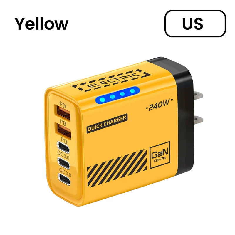 240W GaN Desktop Charger – 5 Ports (3x USB-A + 2x USB-C), LED Light, US/EU Plug