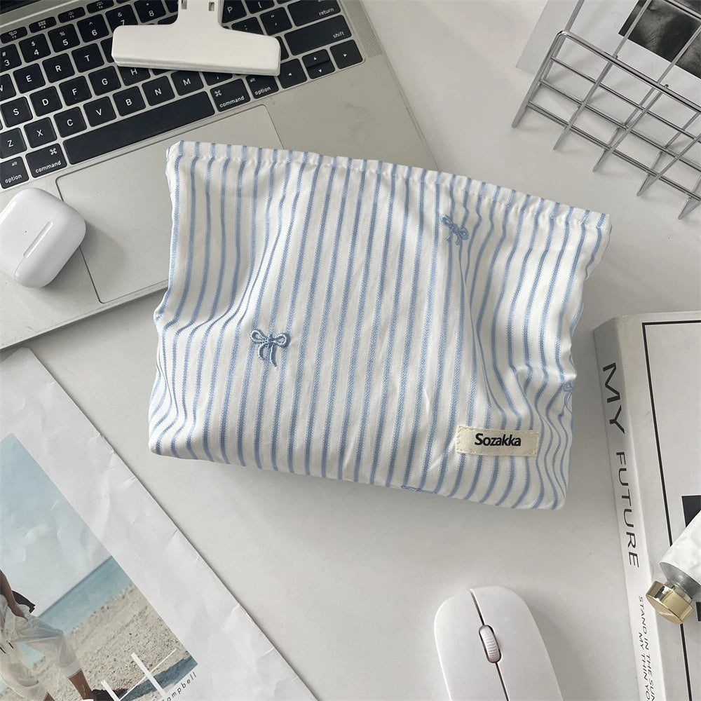 Embroidered Striped Makeup Bag – Plaid Cosmetic Pouch & Travel Toiletry Organizer