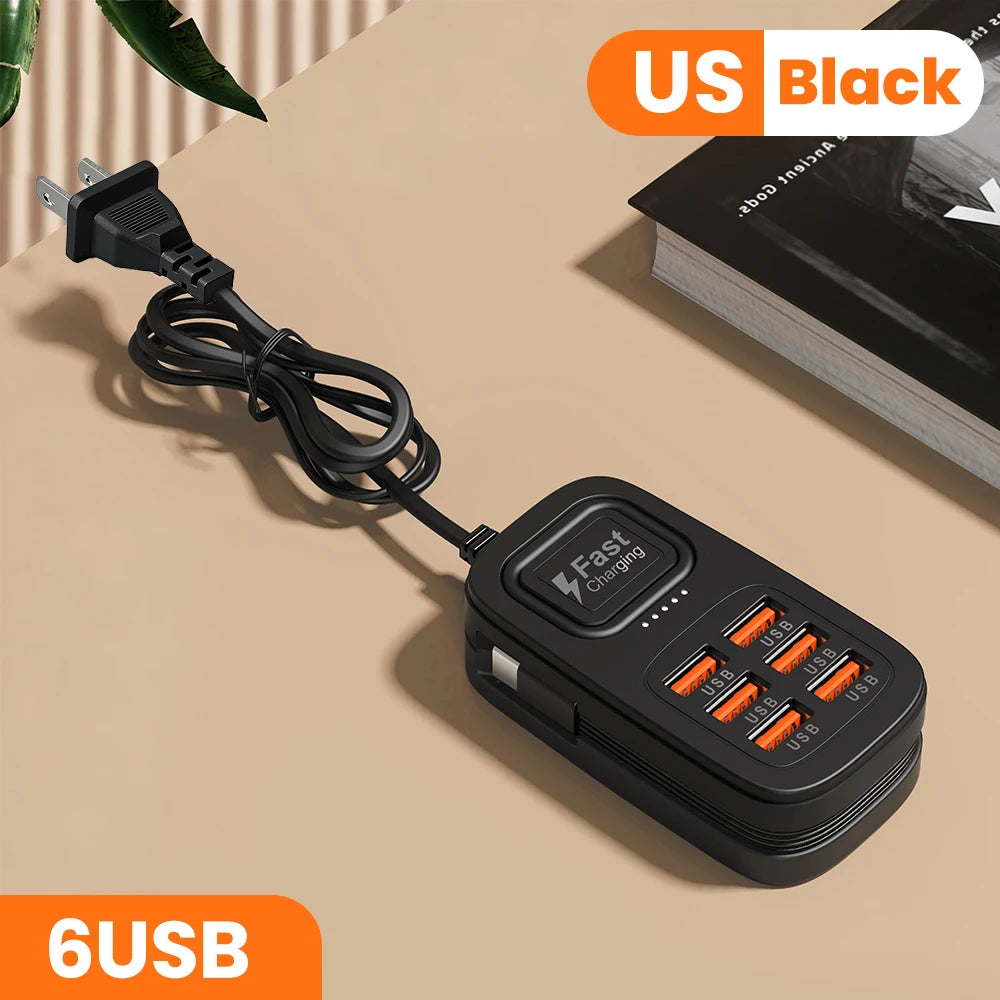 6-Port USB Fast Charger – Desktop Charging Station with USB-C (EU/UK/US)