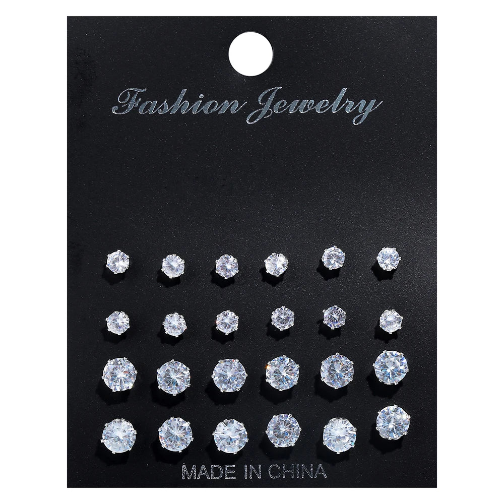 Cubic Zirconia Stud Earrings Set – 12, 24 or 36 Pairs | Shiny Silver Crystal Ear Jewelry for Women