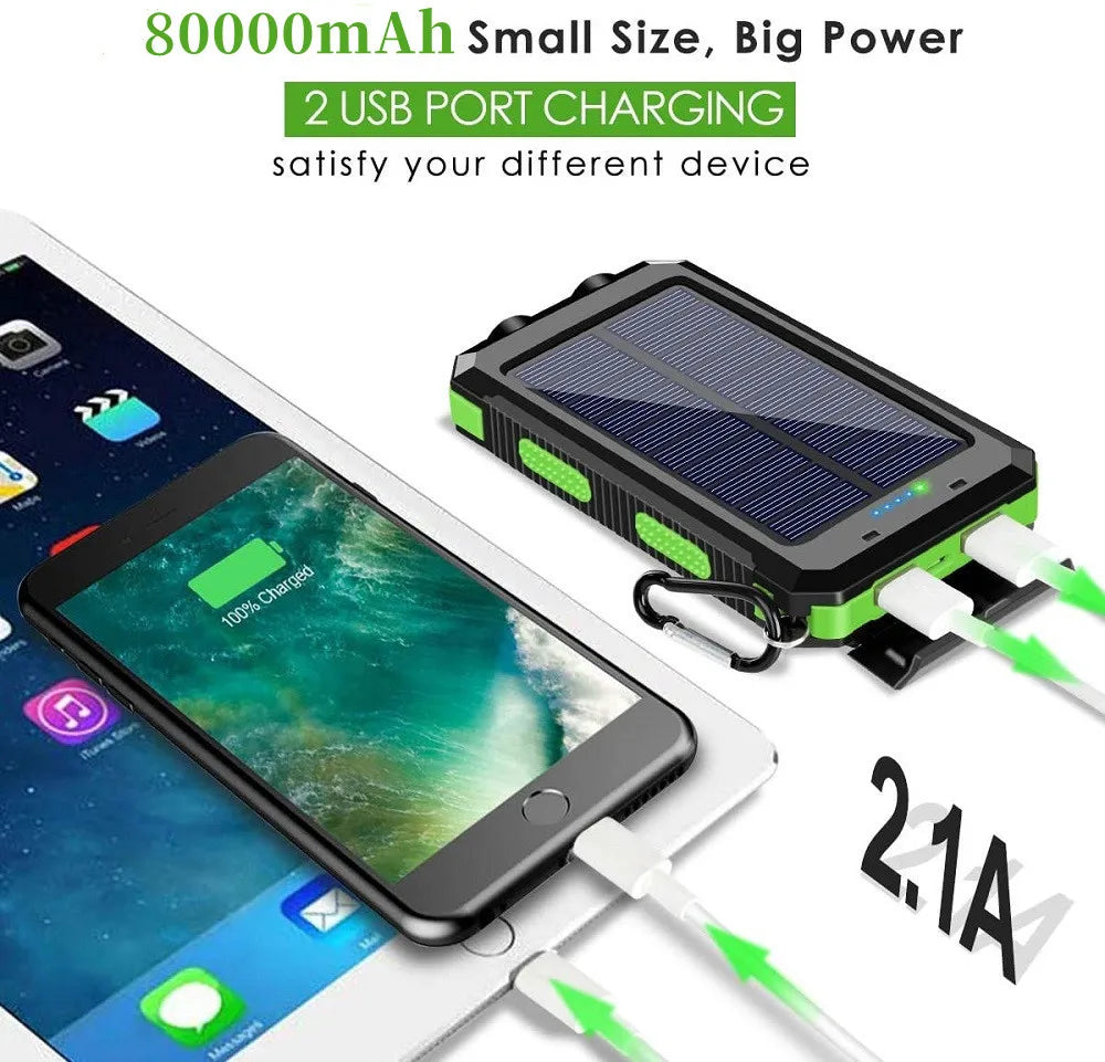 Solar Power Bank 80000mAh – Portable Charger with LED Flashlight & Compass