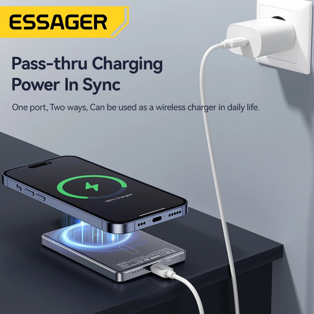 Essager 5000mAh Magnetic Wireless Power Bank – 20W, Ultra-Slim Metal, MagSafe, iPhone 14-17