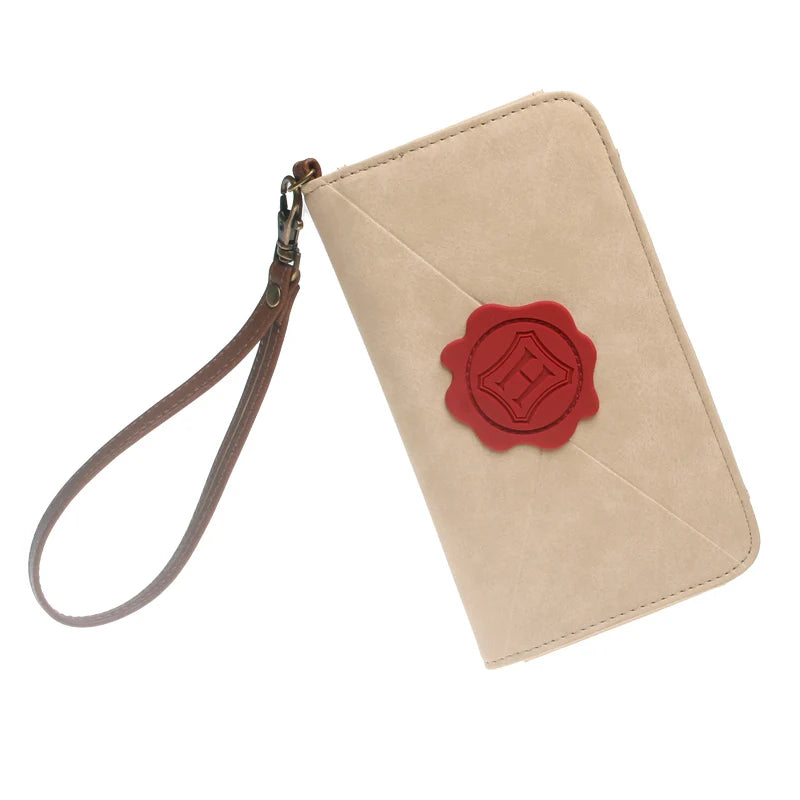 Women's Envelope Wristlet Wallet – Wax Seal Detail, PU Leather | Cream