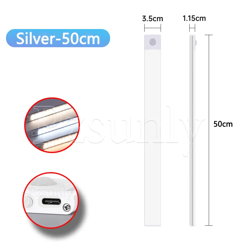 LED Bar Light with Motion Sensor – USB Rechargeable Cabinet Light (10–50cm)