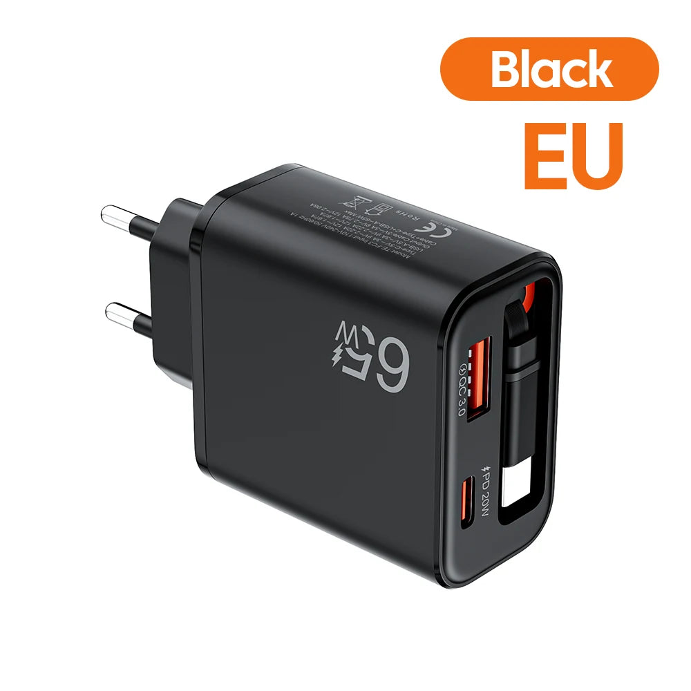 65W Wall Charger with Retractable USB-C Cable – PD & QC3.0 Fast Charging for iPhone, Samsung & Xiaomi