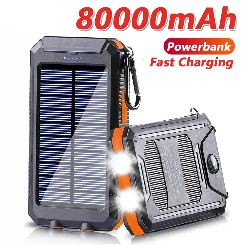 Solar Power Bank 80000mAh – Portable Charger with LED Flashlight & Compass