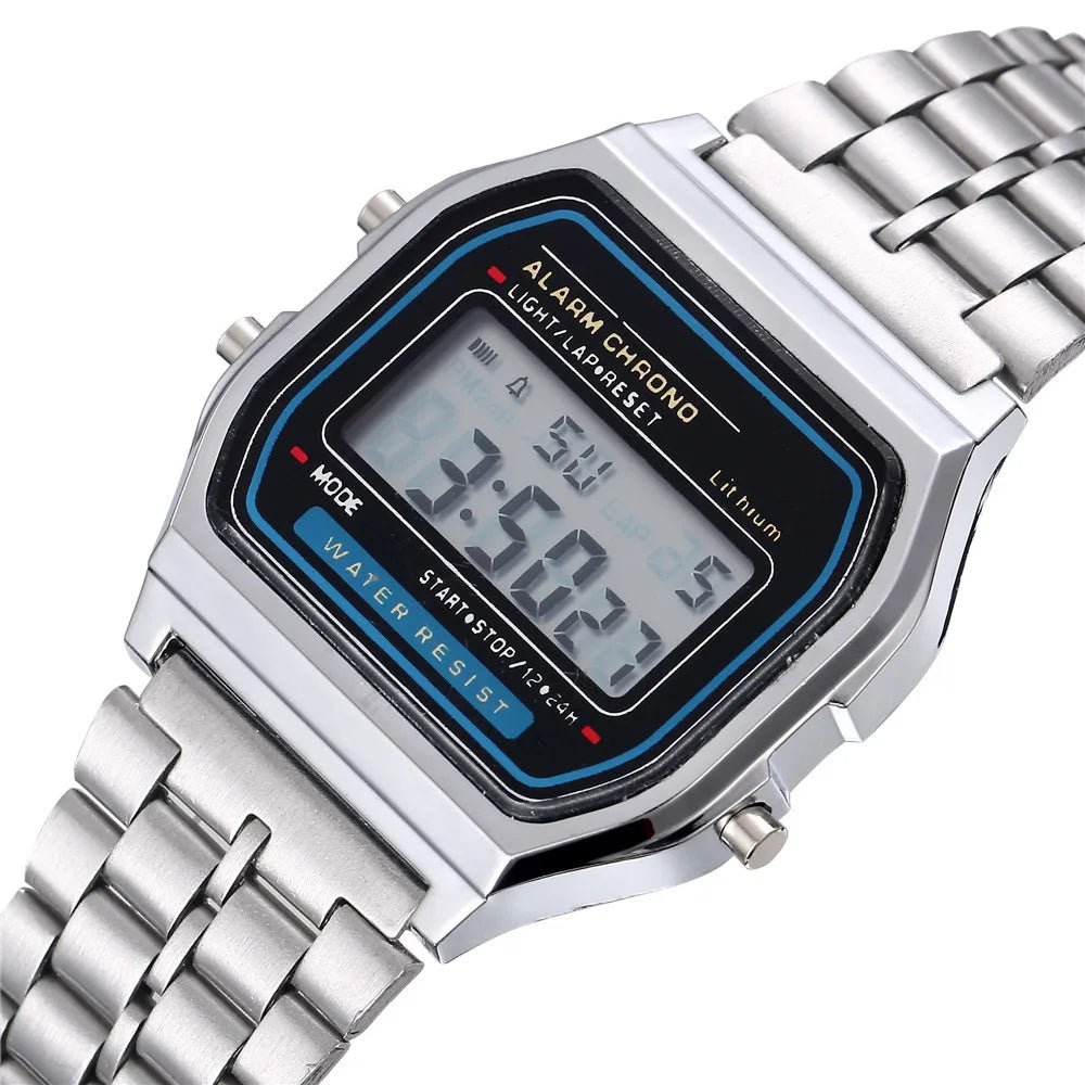 Men's LED Digital Watch – Stainless Steel Bracelet, Rectangle Dial, Rose Gold / Gold / Silver / Black