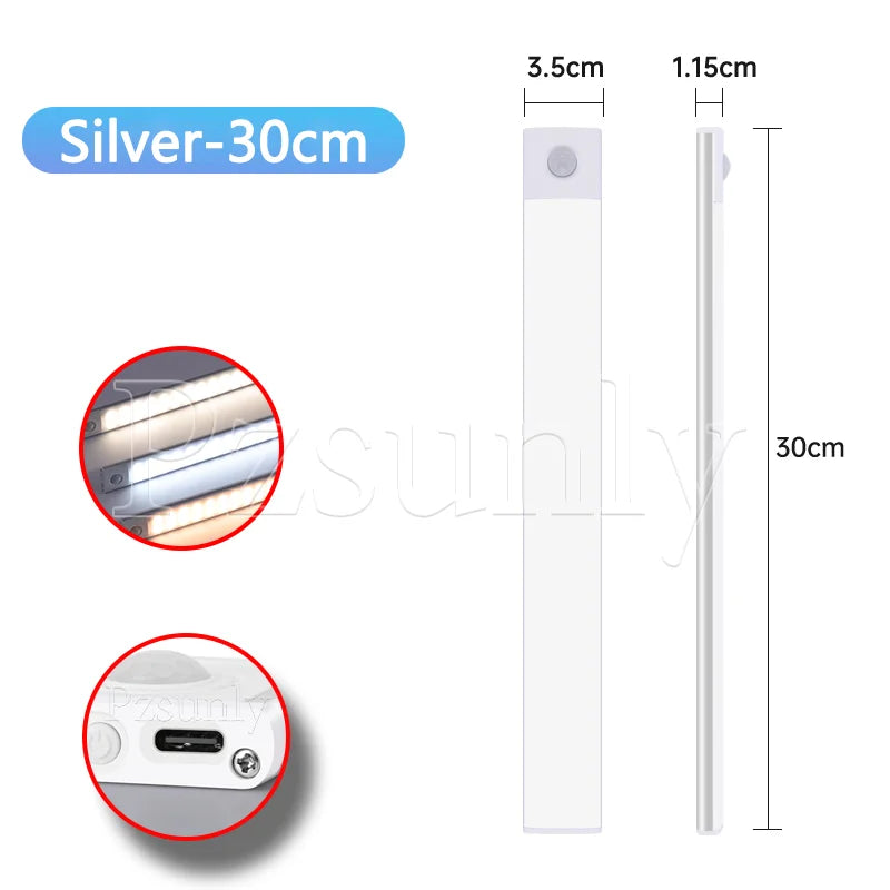 LED Bar Light with Motion Sensor – USB Rechargeable Cabinet Light (10–50cm)