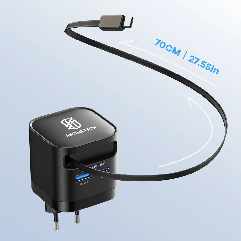 65W GaN Charger with Built-in Retractable USB-C Cable – 3 Ports, QC4.0 & PD3.0, US/EU/Korea Plug