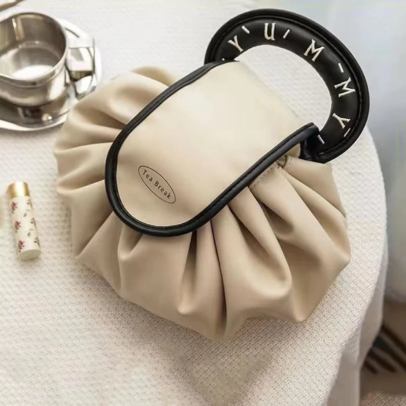 Drawstring Makeup Bag – Large Capacity PU Barrel Cosmetic & Travel Toiletry Pouch