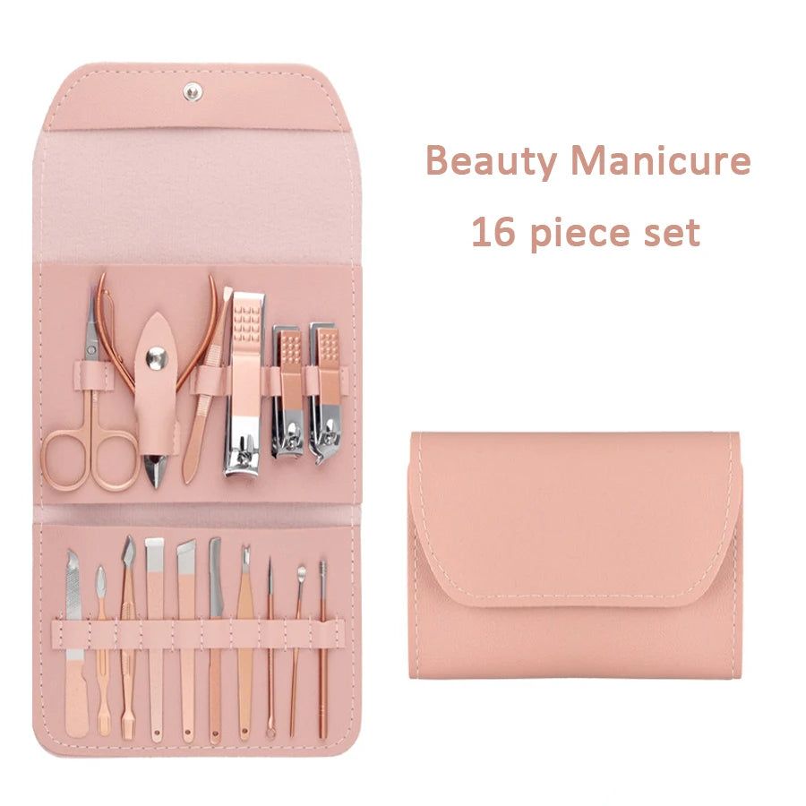 Kit Manucure Premium 16 Pièces – Acier Inoxydable, Pédicure & Étui Voyage