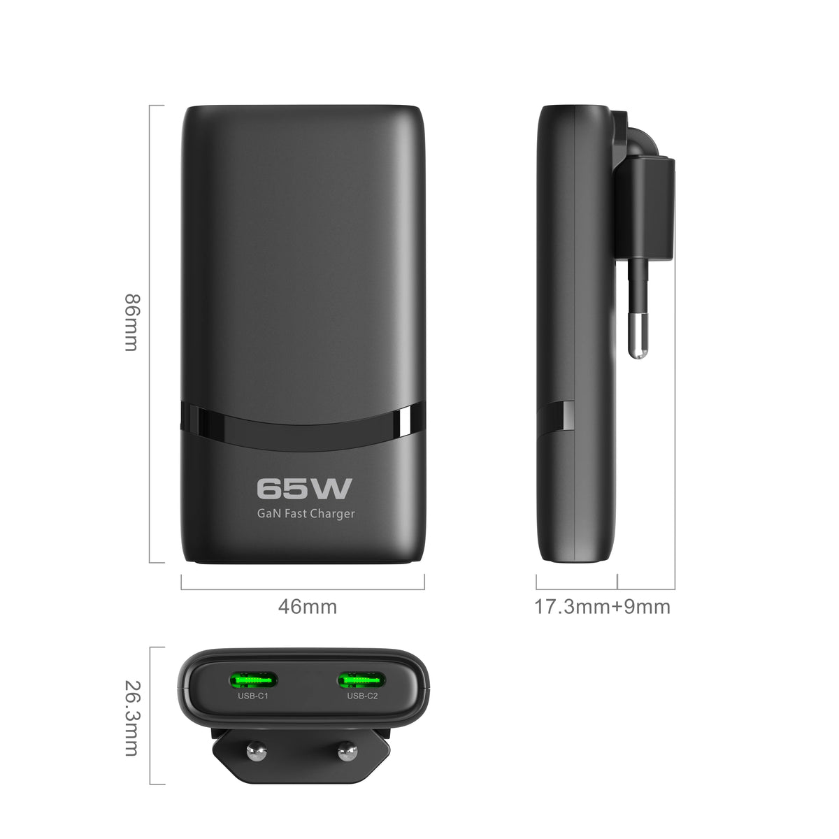 65W GaN Dual USB-C Wall Charger – Flat, Foldable Plug, Fast Charging, White/Black
