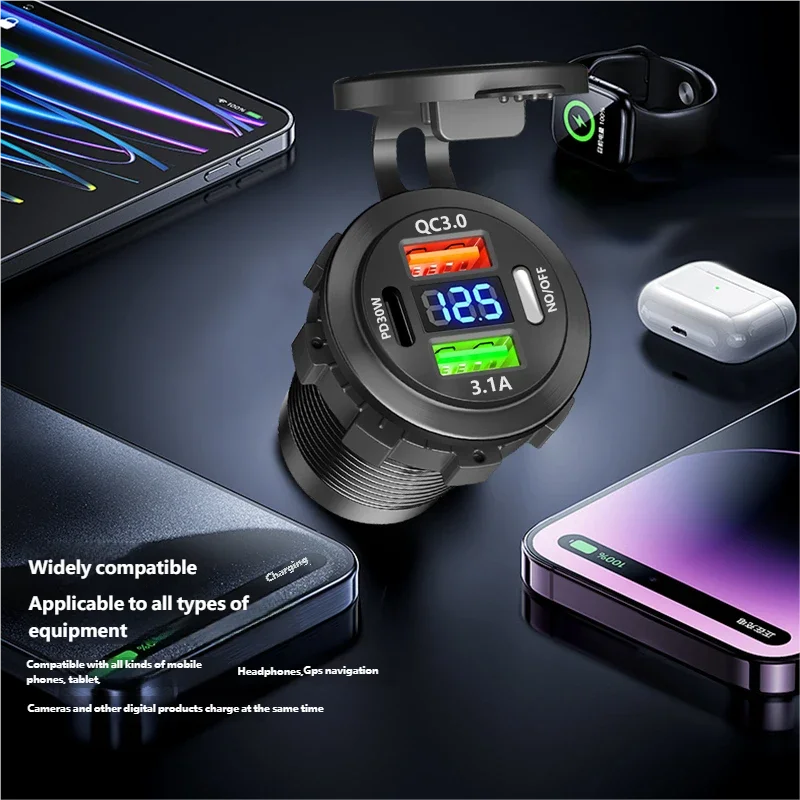 Car USB Charger Socket – PD3.0 & QC3.0, 3/4 Ports, Voltmeter, On/Off Switch, 12/24V
