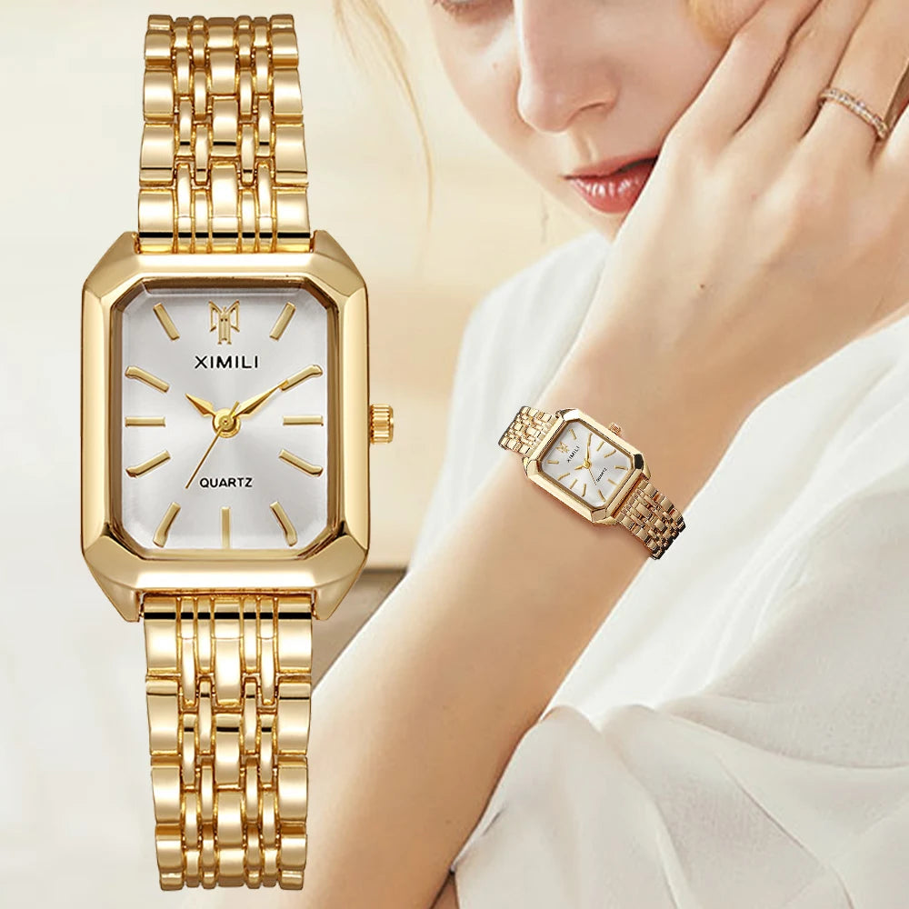 Women's Rectangle Quartz Watch – Alloy Band, Numberless Dial | Silver & Gold Tones