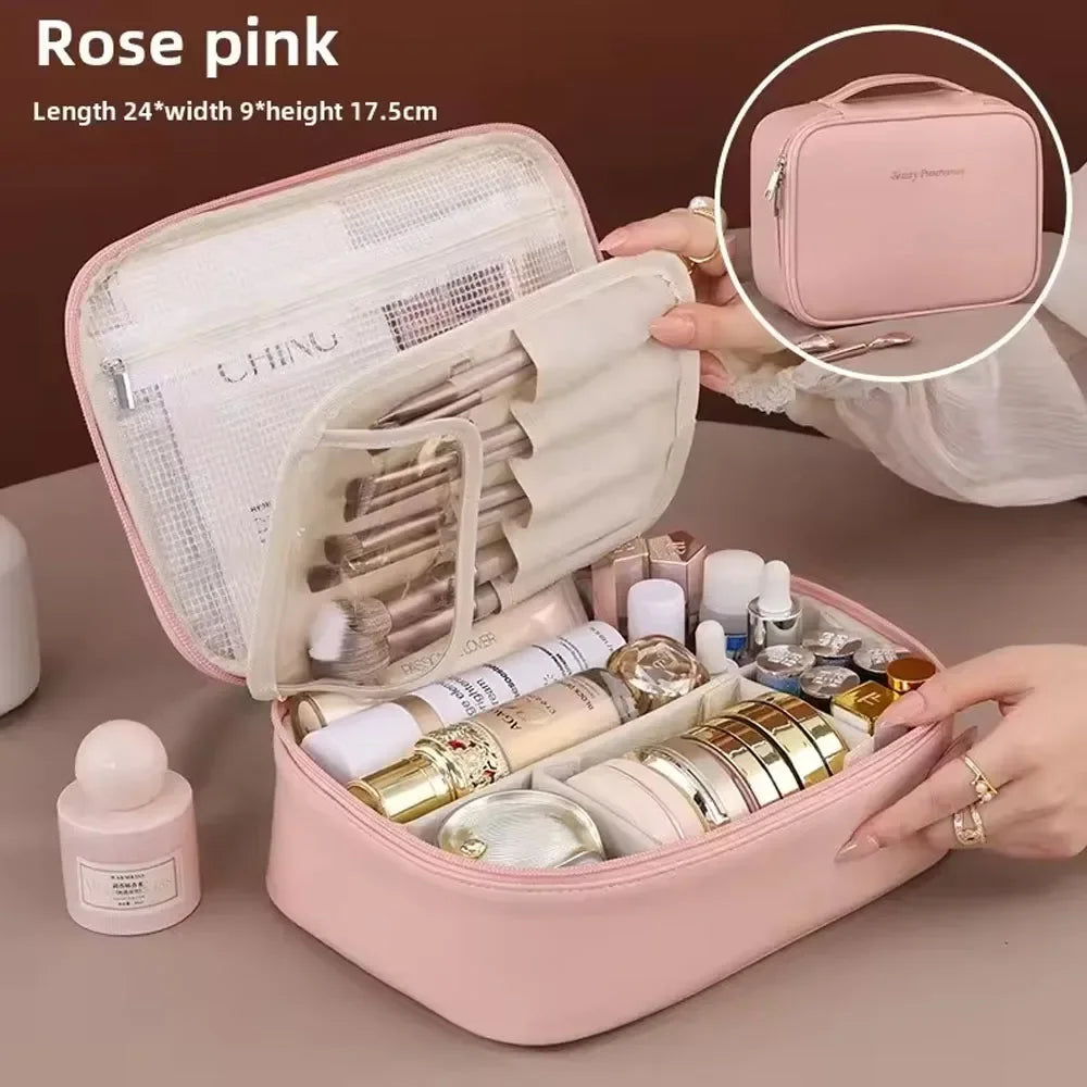Women's Double Layer Makeup Bag – Large Capacity PU Cosmetic Organizer